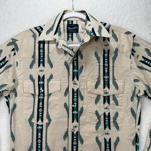 Wrangler Mens Aztec Western Snap Shirt Small Teal Tan Geometric Long Sleeve